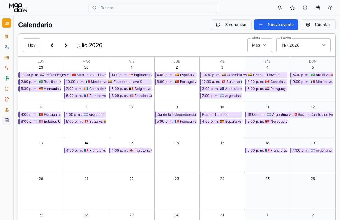 Calendario de Mopdow ERP con vista mensual, eventos y opciones para sincronizar y conectar cuentas.